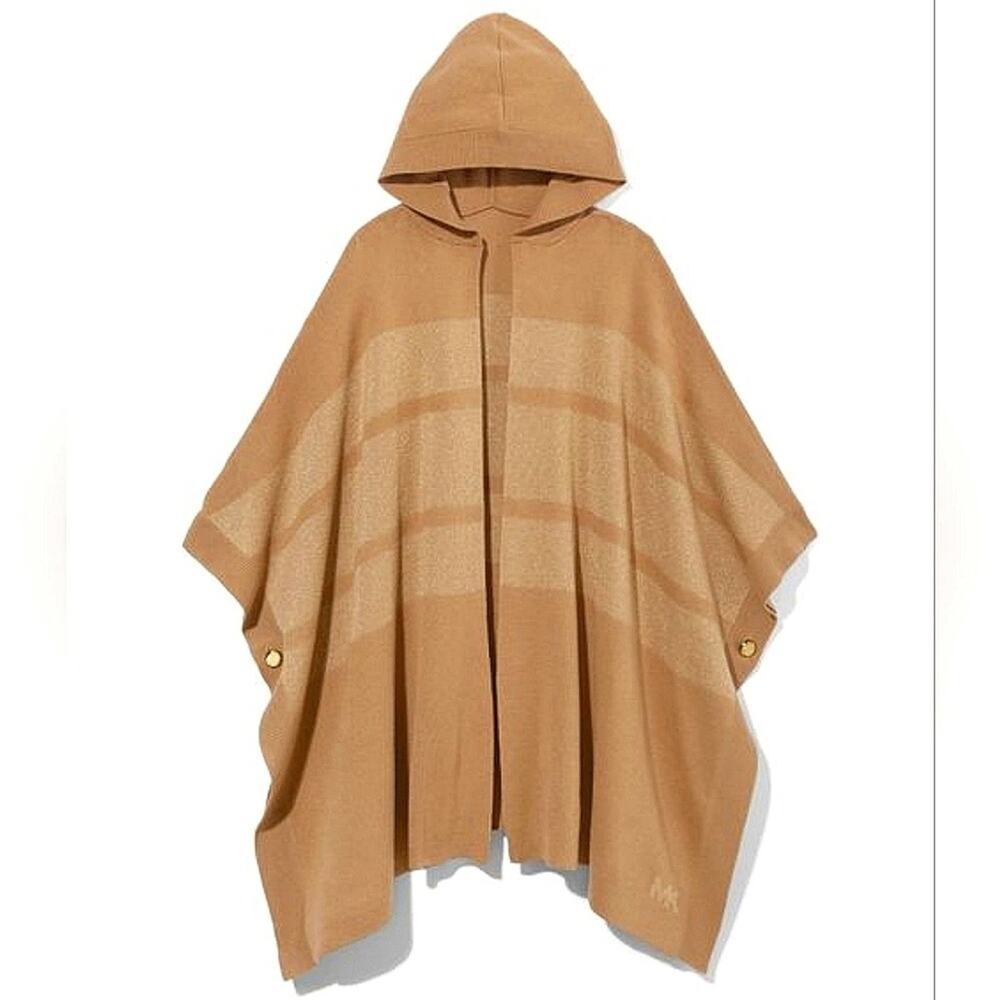 MICHAEL KORS HOODED PONCHO CAPE SWEATER METALLIC KNIT IN DARK CAMEL BROWN
